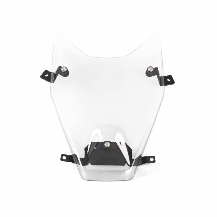 Transparent headlight guard panel with black bracket mounts, front view