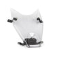 Transparent motorcycle headlight protection cover with black bracket mounts, angled