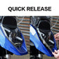 Transparent headlight cover installed on blue motorcycle front, with bracket hardware