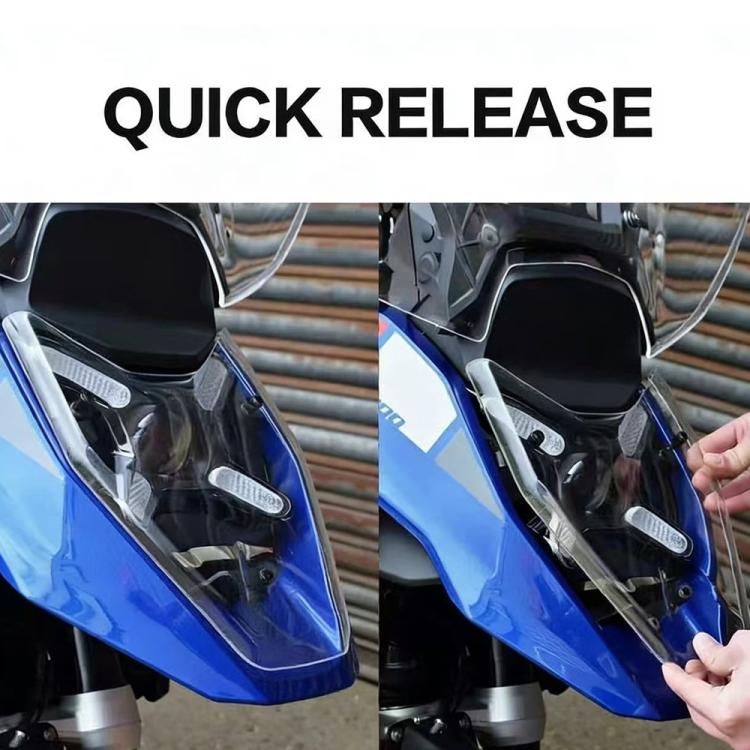 Transparent headlight cover installed on blue motorcycle front, with bracket hardware