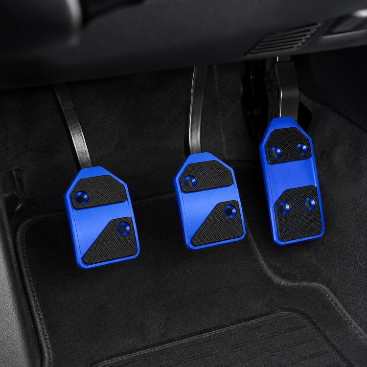 Set of 3 blue aluminum pedal covers with textured grip and mounting holes