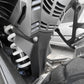 Installed motorcycle rear hugger wheel fender, black guard mounted near rear suspension