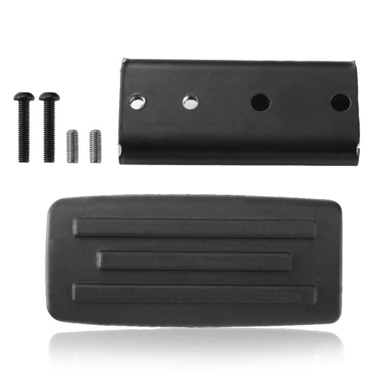 Extended brake foot rest pedal with mounting holes and screws, black rubber.