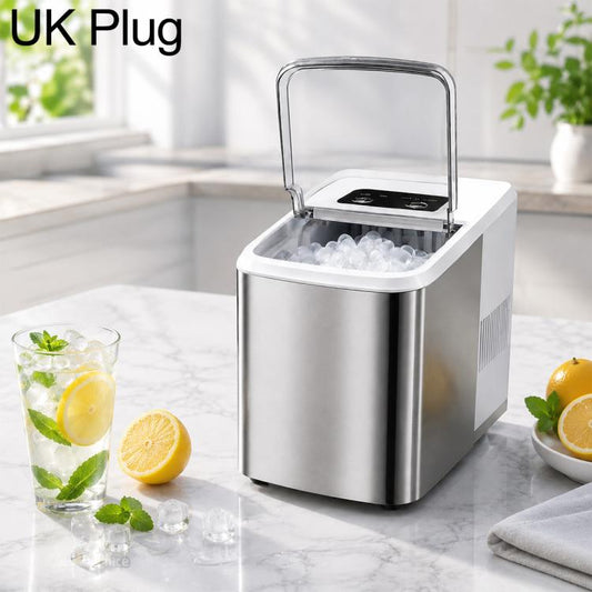 Small bullet ice maker with UK plug, stainless body and open top ice tray