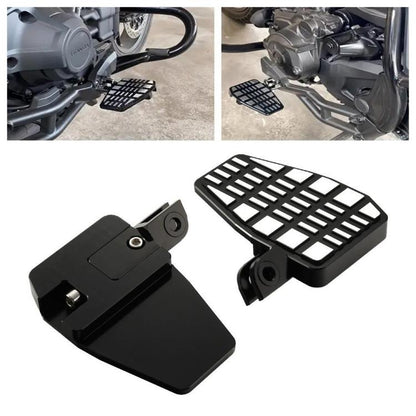 Black anti-slip motorcycle footrest pedal set with tread pattern and mounting brackets