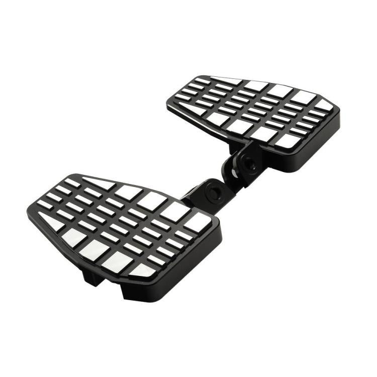 Black anti-slip footrest pedal pair with slotted tread and pivot mounting