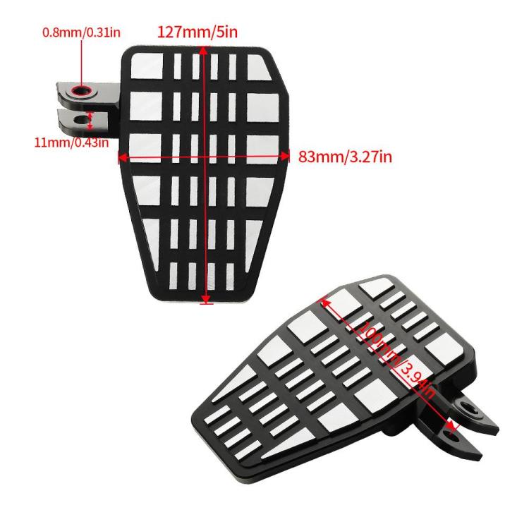 Black anti-slip footrest pedal pair with grip tread, size diagram overlay