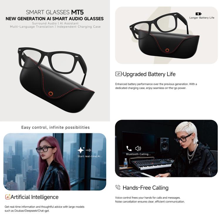 MT5 Smart AI Audio Glasses, Open-Ear Headphones, BT Call, Al Smart Voice Assistant, Sunglasses, Anti Blue Light Lens