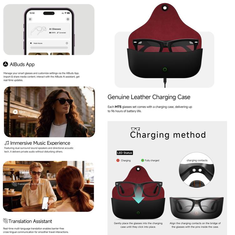 MT5 Smart AI Audio Glasses, Open-Ear Headphones, BT Call, Al Smart Voice Assistant, Sunglasses, Anti Blue Light Lens
