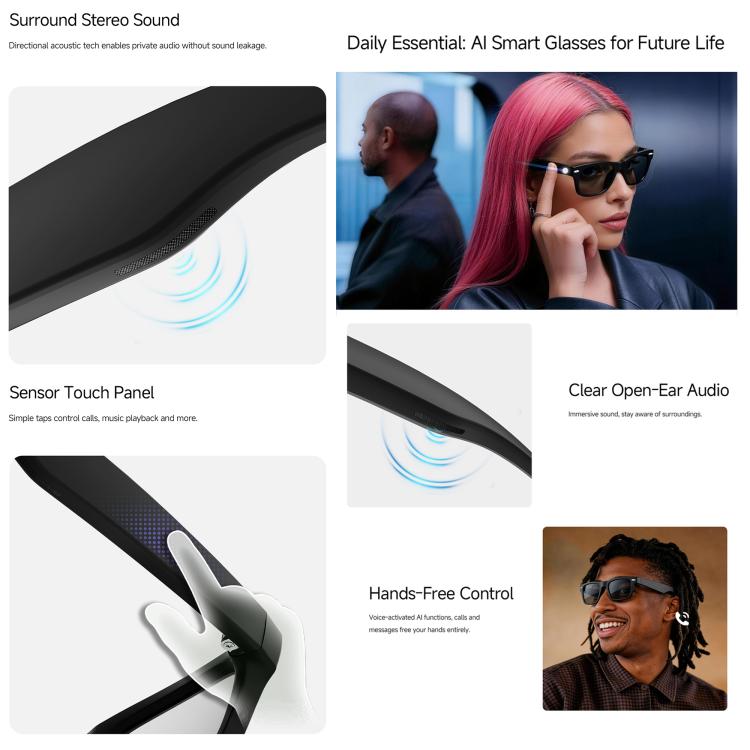 MT5 Smart AI Audio Glasses, Open-Ear Headphones, BT Call, Al Smart Voice Assistant, Sunglasses, Anti Blue Light Lens