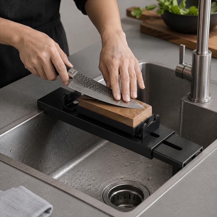 Sink bridge sharpening holder with whetstone positioned over the metal basin