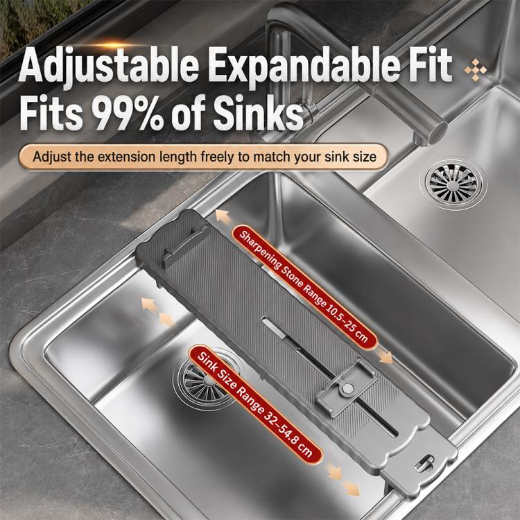 Adjustable expandable sink sharpening rack holding a whetstone above the drain area