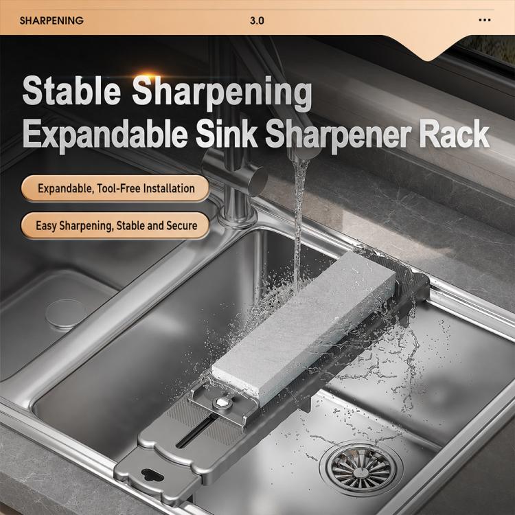 Expandable sink sharpener rack with whetstone resting on the anti-slip base
