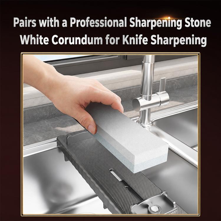 Hand placing a whetstone on a sink bridge sharpener rack over a stainless basin