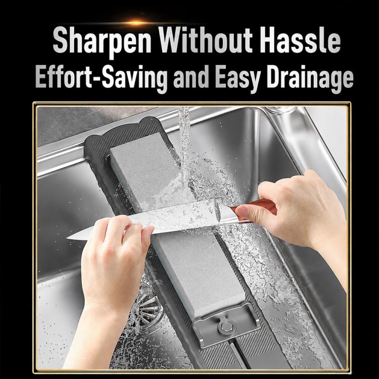Adjustable anti-slip whetstone holder bridge across kitchen sink, with stone in place