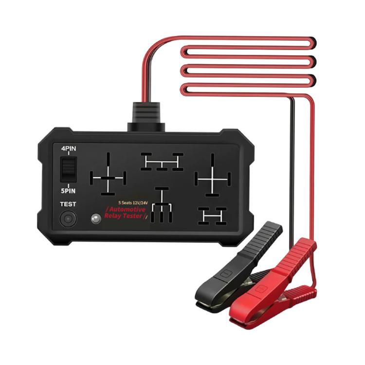 Automotive relay tester with black housing, red test leads, and alligator clips