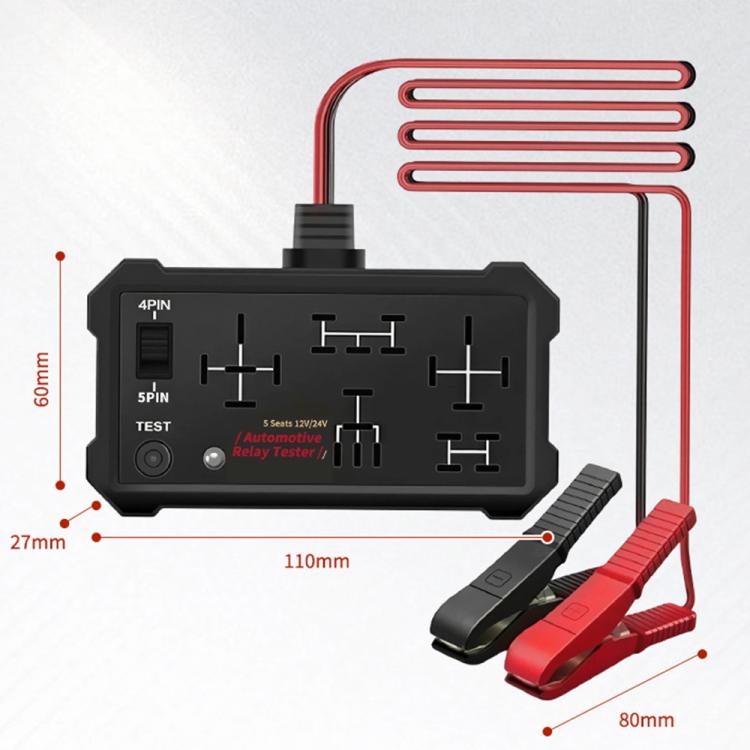 Automotive relay tester with black housing, red wiring leads, and alligator clip set