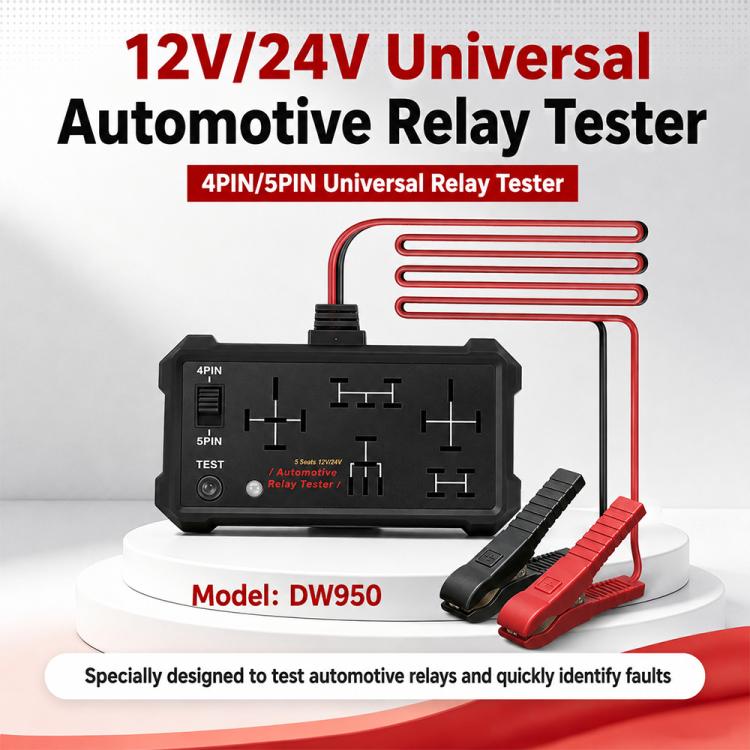 Automotive relay tester with black housing, red wiring, and two test clip leads