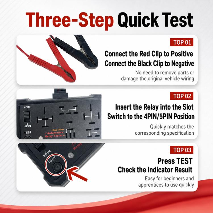 Automotive relay tester with red and black test clips and connected wiring leads