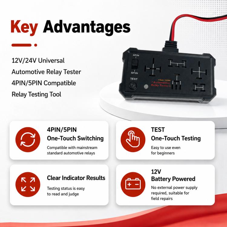 Automotive relay tester with black housing, red/black connectors, and attached clips