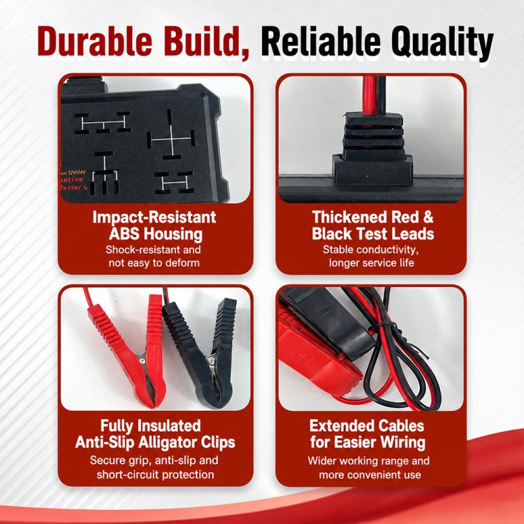 Automotive relay tester with durable housing and fully insulated alligator clips