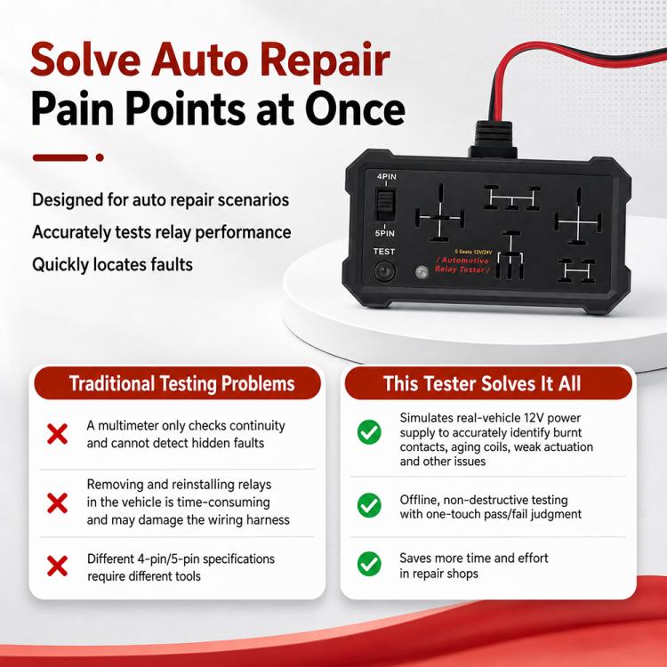 Automotive relay tester with black housing and red/black test leads for relay checks
