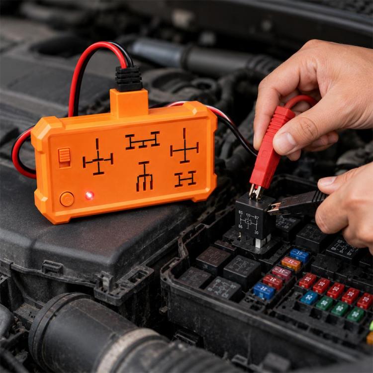 Orange automotive relay tester with red alligator clips and black wiring lead