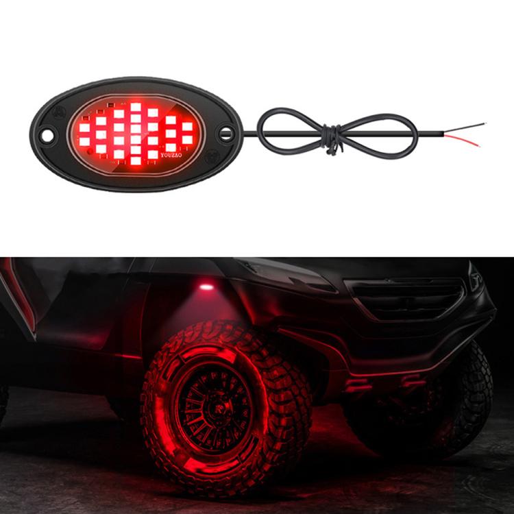 Red LED underglow rock light with oval lens and attached wiring