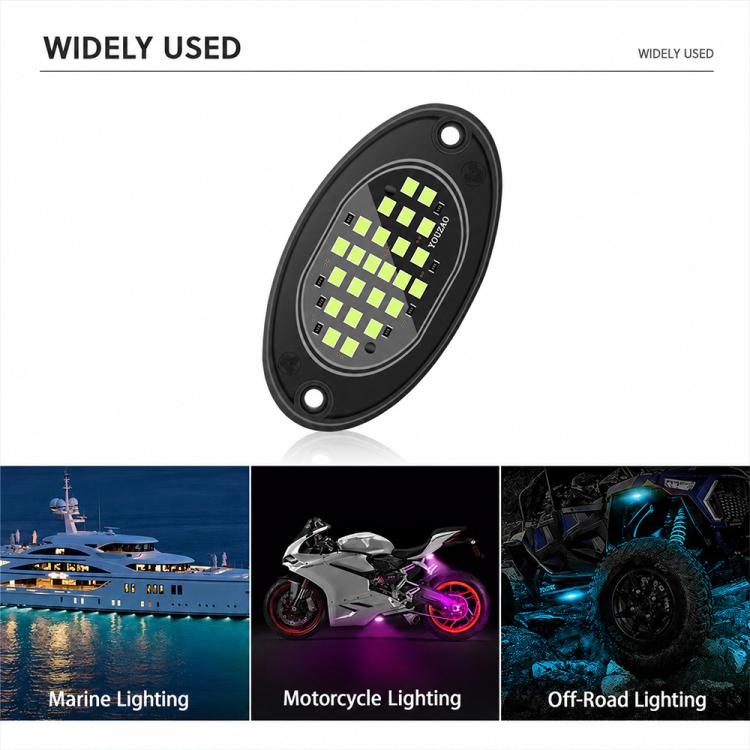 Oval LED rock light module with visible LED chips and use-case icons
