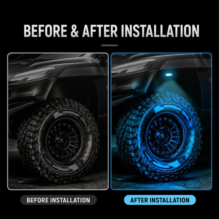 Before-and-after installation showing blue LED underglow on an off-road wheel