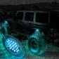 Waterproof LED rock light set with blue underglow, oval housing mounted on off-road vehicle