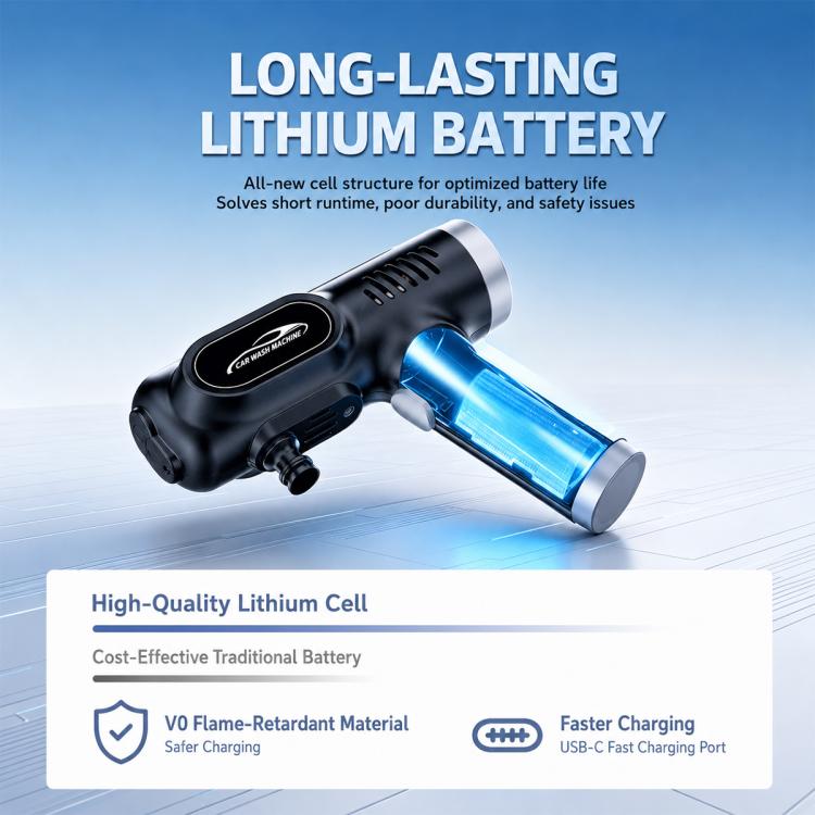 Wireless car washer gun with blue lithium battery pack design detail