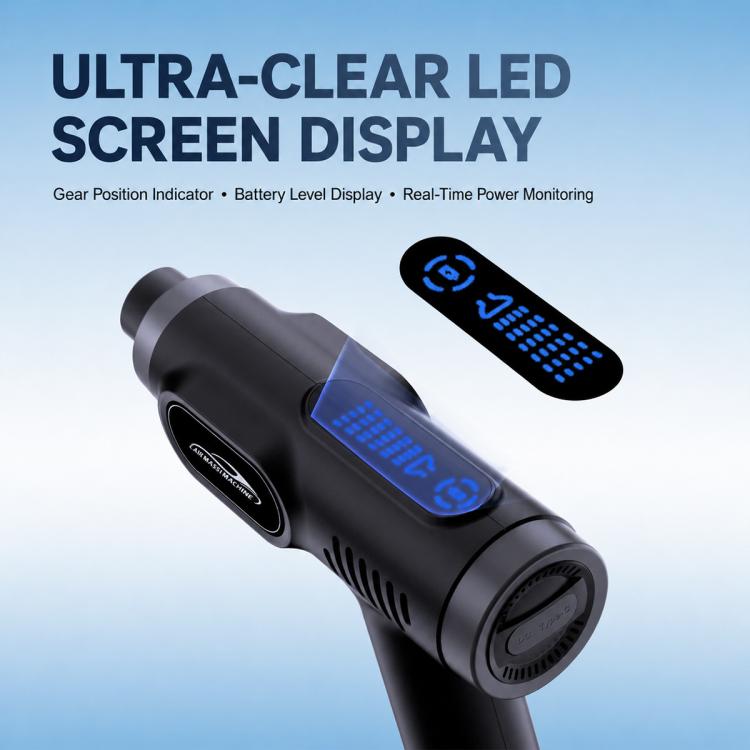 Handheld car washer water gun with black body and blue LED display screen