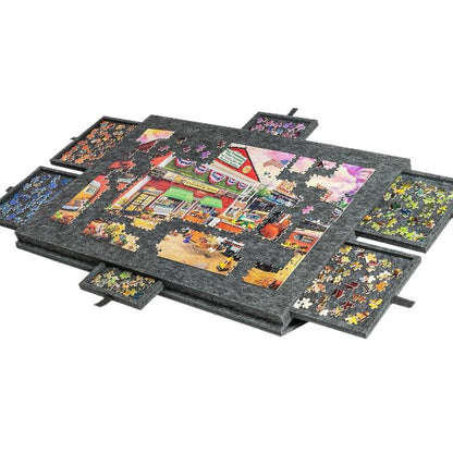 Dark grey felt puzzle board with colorful picture inserts and 6 sorting drawer panels