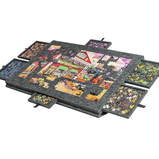 Dark grey felt puzzle board with colorful picture inserts and 6 sorting drawer panels