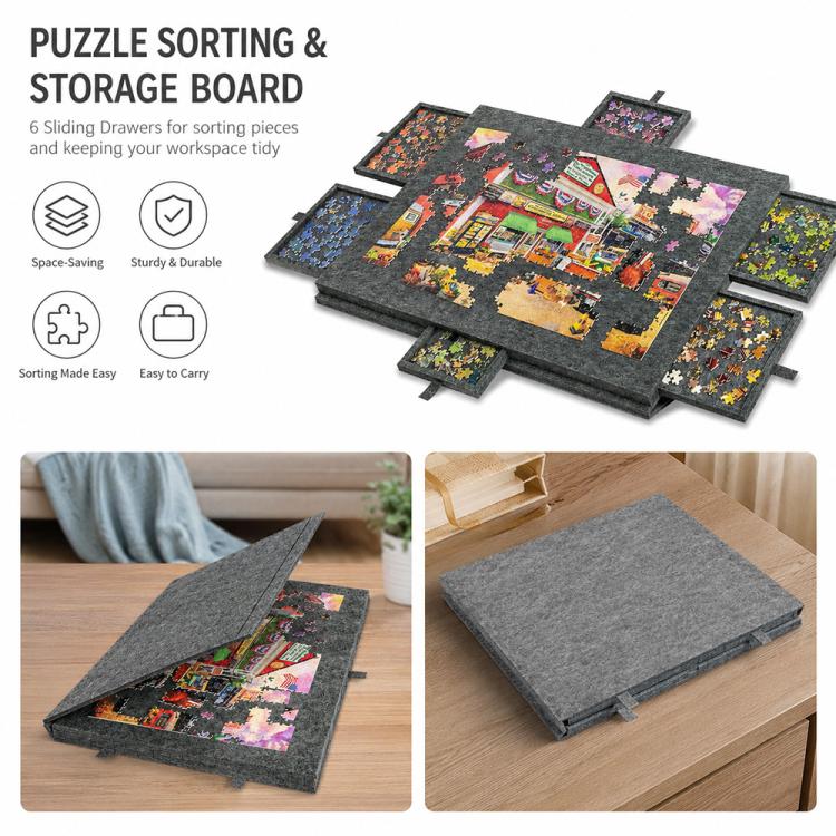 Grey felt puzzle sorting board with 6 slide-out drawers and colorful puzzle image center