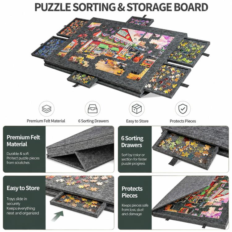 Grey felt puzzle sorting and storage board with 6 sorting drawers and layered felt design