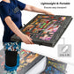 Portable grey felt puzzle board with colorful center art and 6 sorting drawers, carried by child