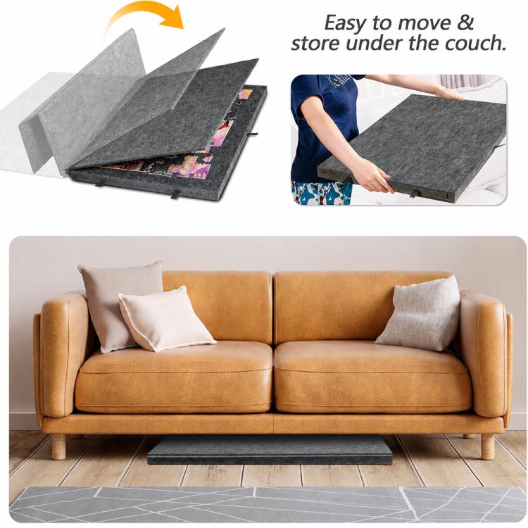 Folded grey felt puzzle board with colorful art, shown for easy moving and storage