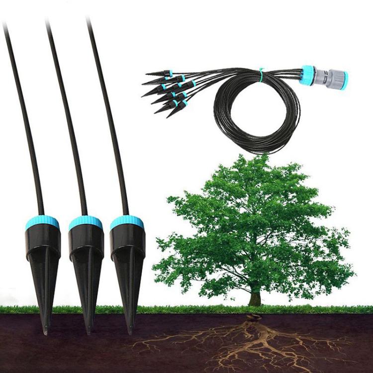 Drip irrigation watering kit with 10 stakes, black tubing, and blue connectors