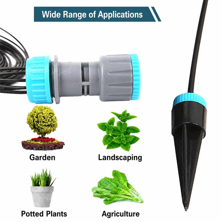 Drip irrigation connector assembly with adjustable coupler, black lines, and stakes