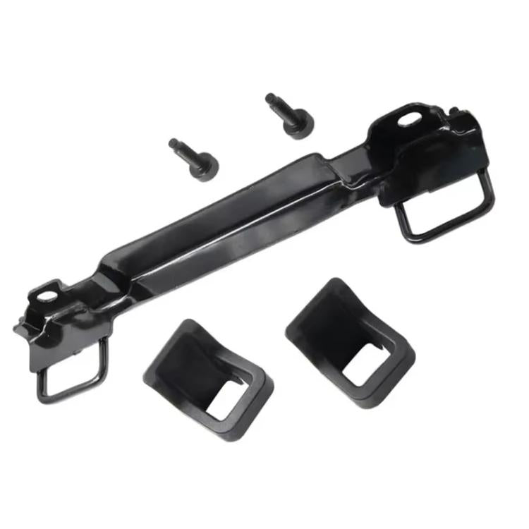 Black child seat mounting bracket bar with mounting holes, clips, and bolts