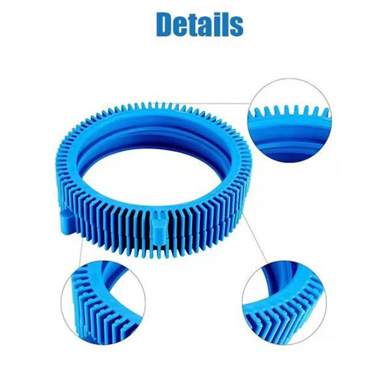 Blue tire belt ring close-up with textured gear teeth profile
