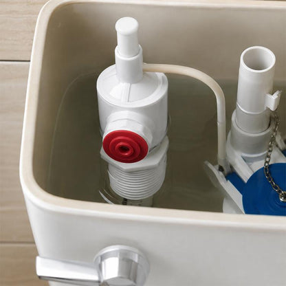 White pool vacuum tail connector with red pressure restrictor and hose outlet