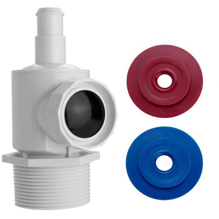 White tail connector with red and blue restrictor disks and threaded inlet