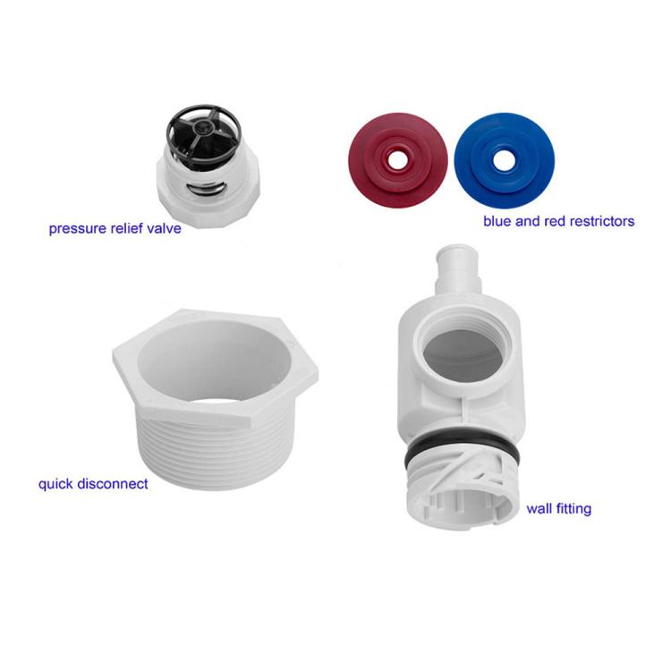 White tail connector kit with pressure relief valve, quick disconnect, and red/blue disks