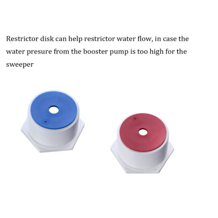 Blue and red restrictor disks for pool vacuum tail connector with white base