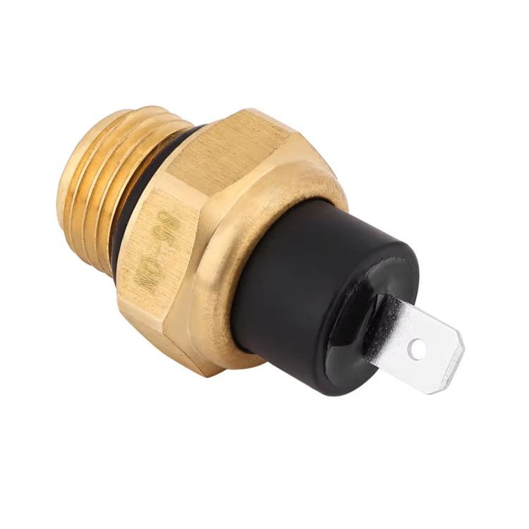 Brass-threaded temperature switch sensor with black housing and metal spade connector