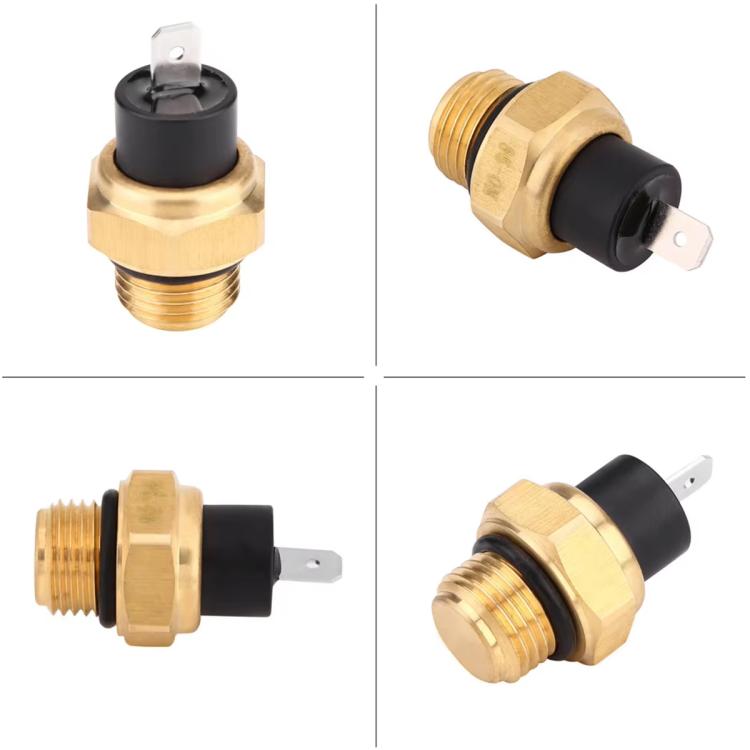 Temperature switch sensor, multiple angles: brass threads with black housing and tabs