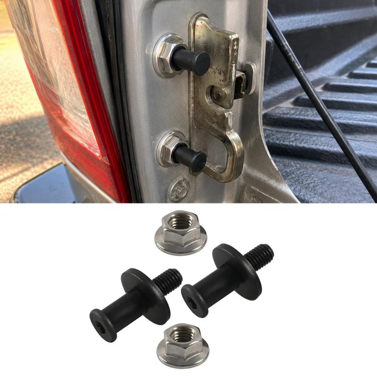 Tailgate lock bolt set installed on vehicle latch with black rubber knobs